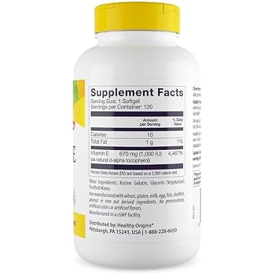 Healthy Origins Vitamin E, 1,000 IU (Natural) Mixed Tocopherols - Vitamin E Supplement - Gluten-Free & Non-GMO Skin, Hair & Nails Vitamin - 120 Softgels