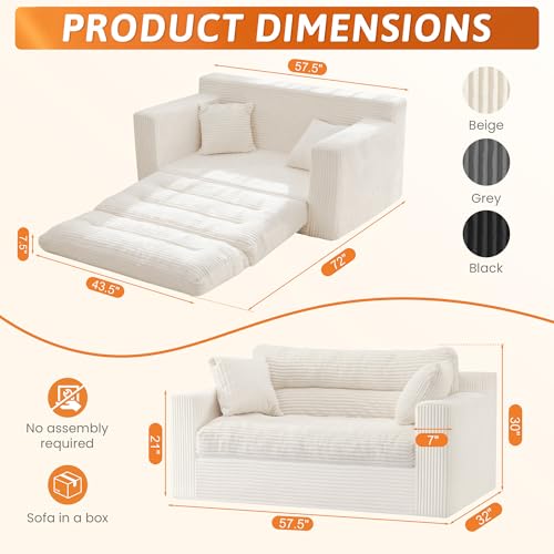 Image of Erament Boneless Loveseat Sofa Couch, 2 in 1 Convertible Sofa Bed with Pillows, Fold Out Bean Bag Chair Boneless Floor Couch for Living Room Bedroom Office Lounge Apartment, No Assembly Needed, Beige