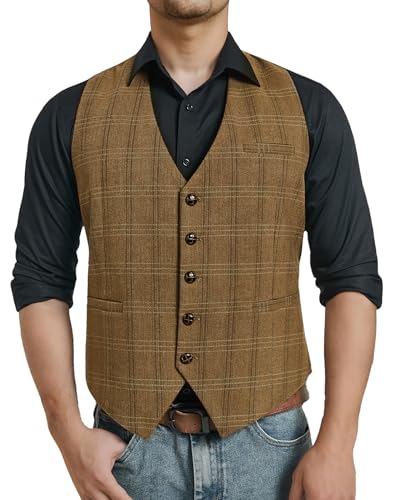 Enlision Herren Anzugweste Elegant Classic Tweed Formale Plaid Hochzeit Kariert Khaki AnzugWeste für Manner Regular Fit 3XL