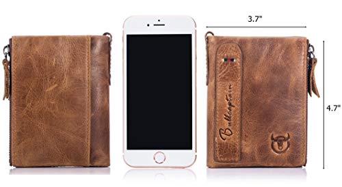 BULLCAPTAIN Genuine Leather Wallet for Men Vintage Bifold with Double Zipper Pockets (Brown)2