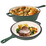 Combo de horno holandés y sartén 2 en 1, olla holandesa de hierro fundido esmaltado de 3 cuartos con tapa de sartén de 1.5 cuartos de galón, ollas versátiles para estofar, cazuelas y cocción lenta