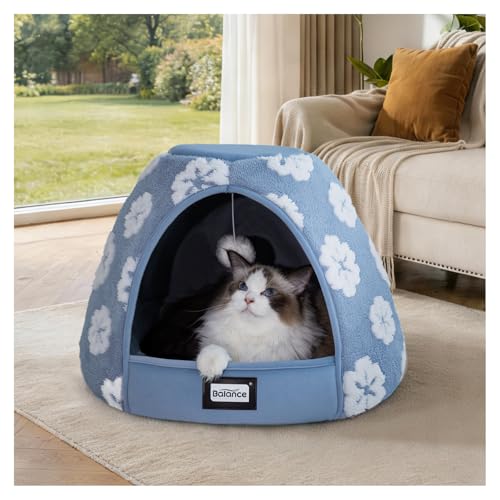 BALANCE Cat Beds for Indoor Cats, 2-in-1 Cat Bed Cave with Anti-Slip Bottom and Ultra-Soft Plush, Cozy Cats House Tent for Kittens and Small Dogs, 19 Inches, Blue