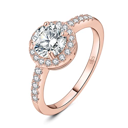 JewelryPalace 1.55ct Halo Cubic Zirconia Bague Taille Rond Pierre Argent Massif 925 Femme, Plaqué Or Rose Bague Diamant Simulé Fiançailles Mariage Promise...