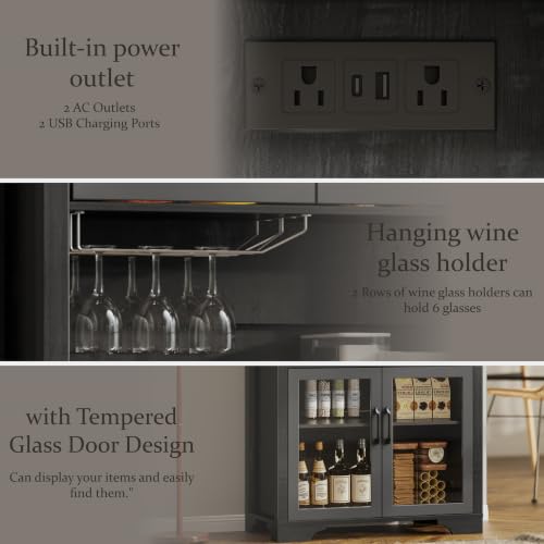 Image of 75 inch Arched Kitchen Pantry Cabinet with Charging Station & LED Light, Tall Coffee Bar Liquor Cabinet Modern Kitchen Hutch with Microwave Stand & Adjustable Shelf for Dining Room