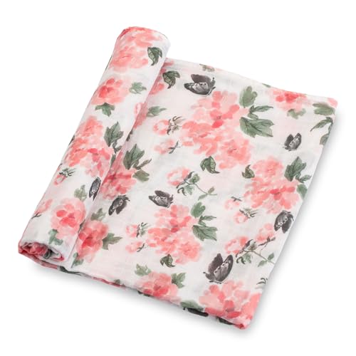 Image of LollyBanks Muslin Swaddle Blankets for Girls, Large 47 x 47 Inches Soft Swaddles for Newborns, 100% Cotton Breathable and Lightweight Baby Blanket, Baby Essentials, Registry (Pink Peony Print)