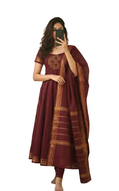 Image of Anarkali Suit Set with Embroidered Yoke, Dupatta and Churidar, Traditional Indian Ethnic Wear for Women