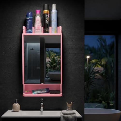 Image of CIPLA PLAST Rich Look Plastic Wall-Mounted Bathroom Mirror Cabinet with Storage Shelves, Single Door, Bathroom Mirror Cabinet with Towel Holder | (Pink)