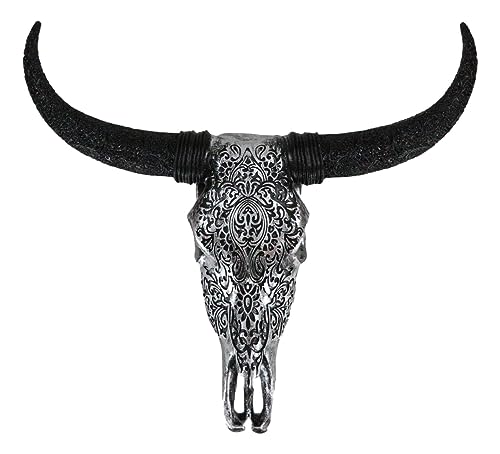 Ebros Gift Silver and Black Tribal Floral Vines Tooled Steer Bison Bull Cow Skull Head with Horns Wall Mount Decor Artistic Replica Native Animal Bust Skulls Hanging Mounted Plaque Sculpture