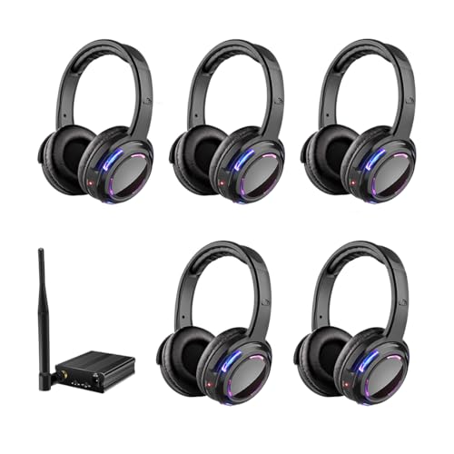 JYSiptkird Professional Rechargeable 10 Hours RF Silent Disco Wireless Headphones for Parties Events Weddings Movies Clubbing 5 Headsets Bundel with 1 Transmitter 1600 Feet Distance
