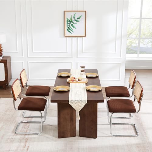 Image of Zesthouse Rattan Dining Chairs Set of 6, Mid Century Modern Dining Room Chairs with Natural Cane Mesh & Chrome Base, Brown Cesca Chair Chenille Fabric, Farmhouse Kitchen Chair with Solid Wood Back
