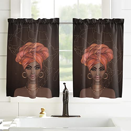 Kitchen Curtains 45 Inch Length For Windows, African Woman Window Treatment Tiers Rod Pocket Curtain For Bedroom Bathroom Living Room Cafe 27.5 X 45 Inch, 2 Panels #TOP2