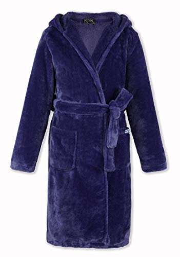 DOTDOG Kids Soft Flannel Hooded Robe Classic Casual Pajamas Plush Coral Fleece Bathrobe for Boys or Girls 3-12 Years (Navy, m)