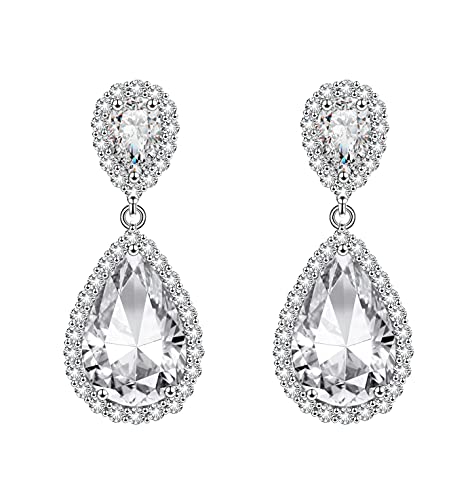 KristLand - Boucles D'oreilles Pendantes en Forme de Goutte D'eau pour Femmes Ton Argent étincelles de Luxe Zircone Cubique avec Cadeau Plaqué Or Blanc pour Les Mariages Couleur Blanche Cover
