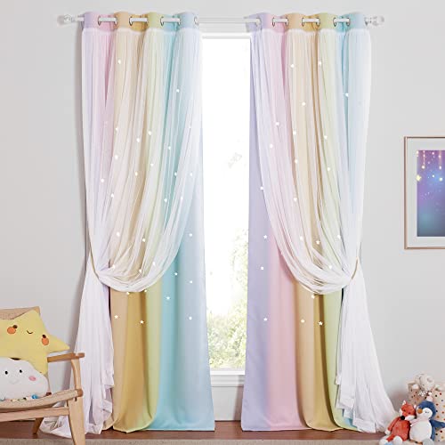 Nicetown Kids Baby Girl Nursery Decor For Girls Room, Mix & Match Thin Sheer Attached To Star Stamp Cut Curtain Panels, Paradise Whimsy Home Decor, Add Tie-Backs(Rainbow-3, 2 Pieces = W104 X L95) #TOP24