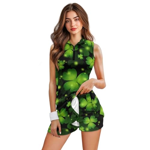 GULANGYU Green Shamrocak Pattern Golf Dress Sleeveless Dresses for Women Breathable Athletic Activewear Dress V Neck Zipper Tennis Dress Golf Polo Dresses for St. Patrick's Day