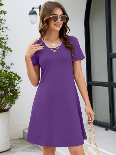 Image of KORSIS Women's Dresses Summer Casual T-Shirt Short Sleeve Criss Cross V Neck Swing Beach Vacation Sundress Dress with Pockets