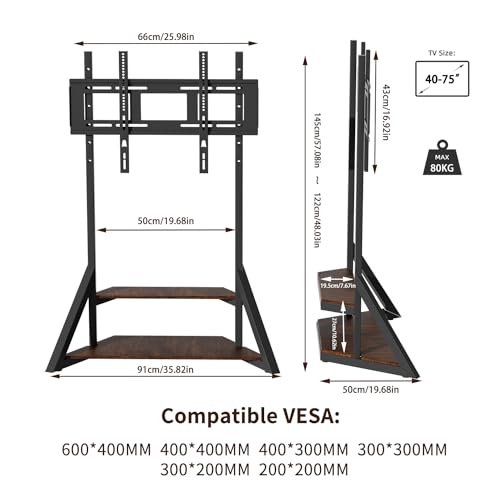unho Mobile Floor TV Stand with Wheels and Wooden Shelves for 40 to 75 InchTVs, Holds up to 80kg Max VESA 600x400mm Height Adjustable Heavy Duty Black - Image 3