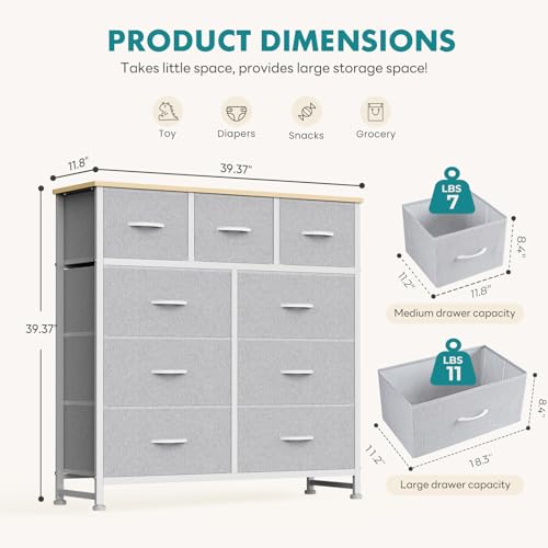 Image of OLIXIS 9 Drawer Tall Dresser for Bedroom, Closet Organizers and Storage | Fabric Dresser with Wooden Top, Chest of Drawers for Clothes Storage, Tower Cabinet, Furniture, TV Stand, Light Grey