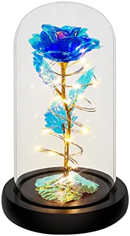 Mom Gifts for Womens,Blue Colorful Artificial Flower Rose Gift,Birthday Gifts for Her,Glass Rose Flower Gifts For Women,Light Up Rose Flower in A Glass Dome,Unique Gifts Idea for Her, Wife,Anniversary