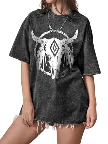 Western Shirts for Women Oversized Graphic Tees Vintage Cowboy Rodeo T Shirts Acid Wash Cattle Skull Casual Short Sleeve Tops