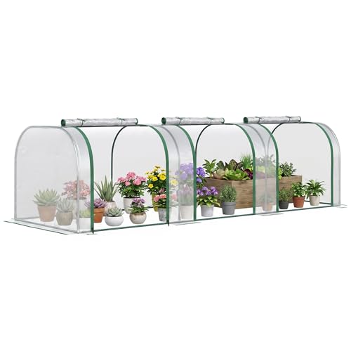 Outsunny Mini Serre de Jardin Mini Serre Tunnel Serre à tomates 3L x 1l x 0,8H m Acier PVC Haute densité Anti-UV 3 fenêtres avec Zip enroulables Vert et Transparent