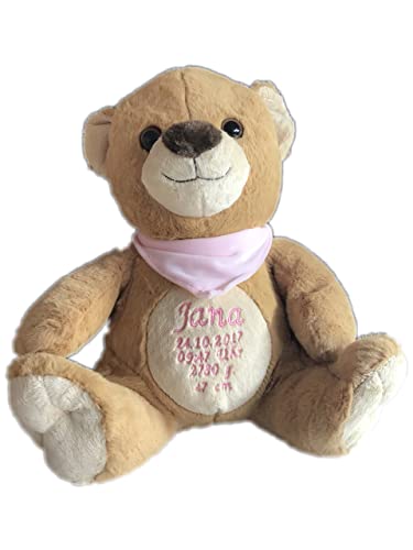 KIDDI-MEDIA Teddy Bär mit Name & Geburtsdatum Bestickt/Geschenk zur Taufe Geburt/personalisiert 30 cm (Halstuch: Rosa (MÄDCHEN)