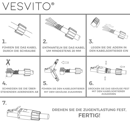 5. Bild von VESVITO 4x CAT 7 RJ45 Stecker 10 GBit/s Netzwerkstecker werkzeuglos PoE für CAT8 CAT7A CAT7 CAT6A Netzwerkkabel, Verlegekabel, Installationskabel, AWG 22-24, LAN Kabel Crimpstecker