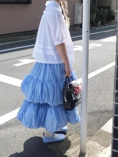 Women Fluffy Bubble Skirt for Cotton Pockets Elastic Waist Plain Pleated Long Lush Skirt3