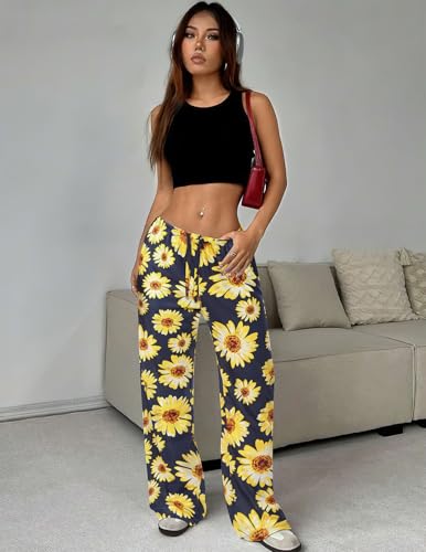 Image of Ekouaer Women Pajama Pants Comfy Pj Bottom with Pockets Stretch Plaid Sleepwear Sunflower Print X-Large