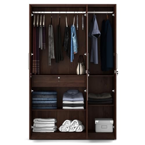 Image of Spacewood Value Wardrobe | 3 Year Warranty | Almirah, Cupboard, Almari, 3 Door Wardrobe with Mirror, 1 Drawer (1 Lock Drawer) and 1 Hanging Space|Engineered Wood| Sheesham
