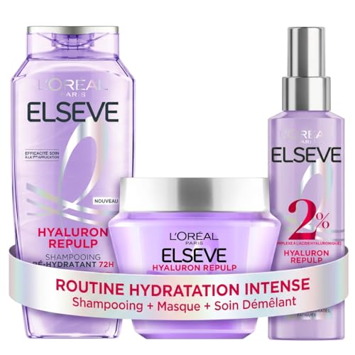 L'Oréal Paris - Routine Soin Hydratation Intense - Cheveux Déshydratés - Hydratation 72H - À l'Acide Hyaluronique - 3 Produits - Shampooing, Sérum &...