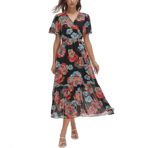Image of Women's Summer Bohemian Floral Chiffon Dress Cap Sleeve V Neck Ruffle Long Flowy Boho Casual Vacation Dresses