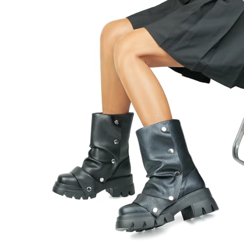 HiColor Women's even-soled heel Ankle Boots Lazy Folding Wide Detachable Button Boots3