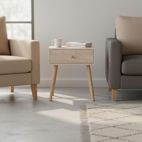 INDE MOBLEKIT | Mesita de Noche Madera Natural con 1 Cajón, 40x30x47 cm, Mesilla Estilo Nórdico para Dormitorio, Mesa Auxiliar Compacta, Mesitas de Noche Madera con Patas de Madera Clara