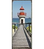 Thème: Paysage - Motif: Mer Sticker mural décoratif 204 cm X 83 cm, trompe l\'oeil ponton et phare, vue sur mer, pour porte, décoration intérieure.