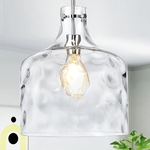 CATINER Extra Large 16" Vintage Farmhouse Pendant Light – Hand-Blown Clear Hammered Glass Shade, Adjustable Chain Hanging Light for Kitchen Island, Hallway, Dining Room, Chrome