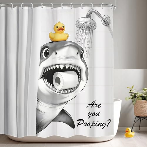 Mitpok Funny Shark Shower Curtain 60Wx72H Cute Cartoon Duck Modern Black White Grey Animal Whimsical are You Pooping Bathroom Decor Kids Fun Hilarious Bath Curtain Fabric Polyester 12 Pack Hooks