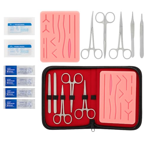 Suture Practice Pad for Medical Students|Reusable Silicone Training Skin with Pre-Cut Wounds Deluxe Suture Kit with Practice Pad, Stainless Steel Instruments |Pre-Cut Sutures Training Pad
