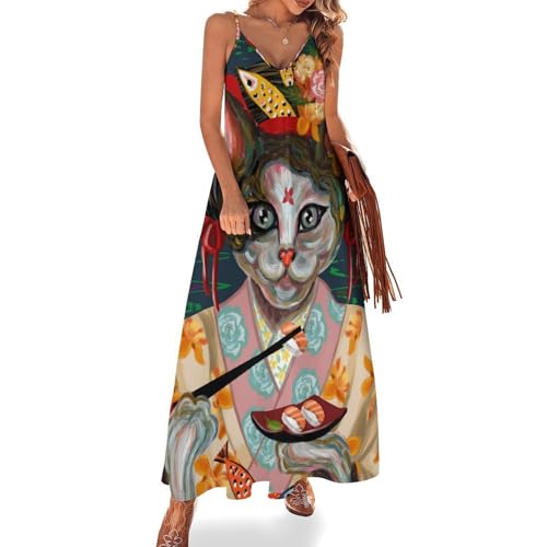 Robe longue chat japonais sans manches d'été pour femme