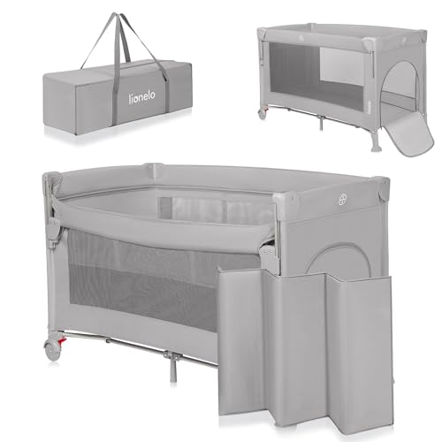 Lionelo Ellen 3 in 1 Reisebett von 0 bis 3 Jahren, Beistellbett für Neugeborene und ältere Kinder bis 15 kg, 2 Matratzenhöhen, Befestigungsgurte, seitlicher Reißverschluss, 2 Rollen, Tasche