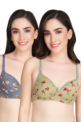 Image of Women Padded Printed Bra - Made of Pure Cotton Full Coverage Non Wired Seamless Pushup Soft Cup for T-Shirt Saree Dress Sports Garment for Daily Use Everyday