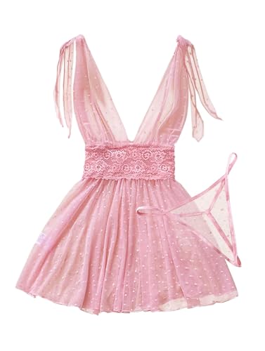 Foxiny Sexy V Neck Slip Mesh Polka Dots Floral Lace Sheer Exotic Babydoll Lingerie Dress 2 Piece Women See Through Chemise Negligee Night Gown Sleep Wear Set Pink Large