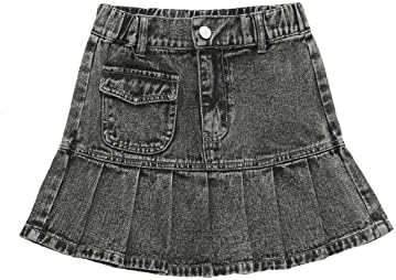 OYOANGLE Girl's High Waisted Ruffle Pleated Hem Zipper Fly Mini Denim Skirt with Pocket Dark Grey 120