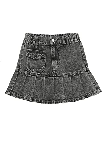 Oyoangle Girl's High Waisted Ruffle Pleated Hem Zipper Fly Mini Denim Skirt With Pocket Dark Grey 120 #TOP1