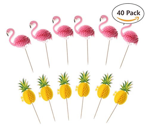 Flamingo Pineapple 3D Cupcake Toppers, Set of 20 Flamingo Toppers and 20 Pineapple Toppers, Luau Tropical Hawaiian Pool Party Supplies, Wedding, Birthday Cake Decorations