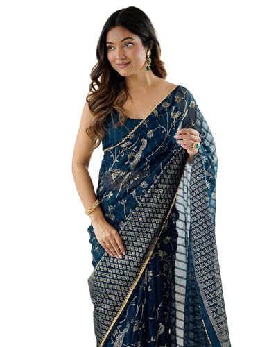 Image of Satrani Women's Georgette Foil Printed Gota Lace Self- Woven Saree with Unstitched Blouse Piece