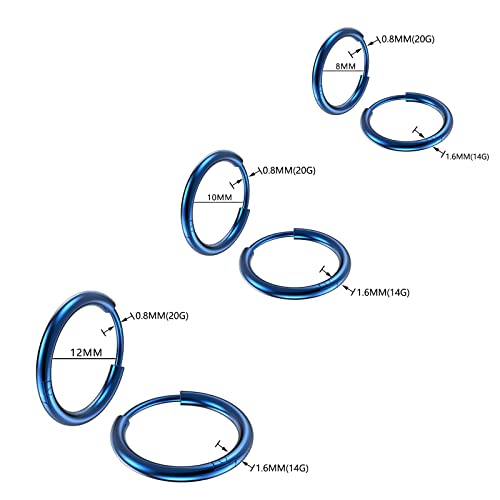316L Surgical Stainless Steel Small Hoop Earrings 8Mm 10Mm 12Mm Hypoallergenic Huggie Thin Hoop Earrings Helix Lobes Hinged Sleeper Earrings Men Women For Cartilage Piercings (H: Blue (Diameter 8Mm/10Mm/12Mm),3 Pairs) #TOP1
