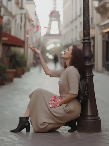 Image of Varanga Casual Flowy Midi Dress for Women | Solid Beige A-Line Maxi Dress with Collar & Pockets | Comfortable Summer Dress for Women