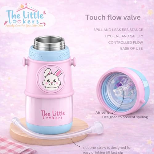 Image of THE LITTLE LOOKERS Stainless Steel Hot & Cold Sipper Bottle for Kids | 300 Milliliters | Rust-Proof | BPA-Free | Double-Wall Vacuum Insulation Water Bottle | Ideal for School and Travel | Pink