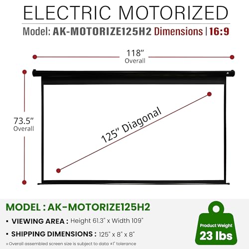 Image of Akia Screens 125-Inch Motorized Projector Screen, 16:9, Electric Drop Down with Remote, Wall or Ceiling Mount, 4K /8K Ready, AK-MOTORIZE125H2.